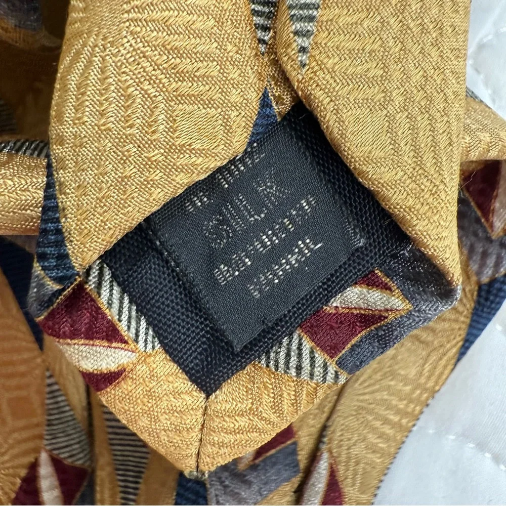 Bill Blass‎ Black Label Geometric Patterned Gold Tan Silk Tie EUC